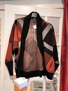 Rachel Zoe Open-Front Geometric Cardigan in Black, Rust & Gray
